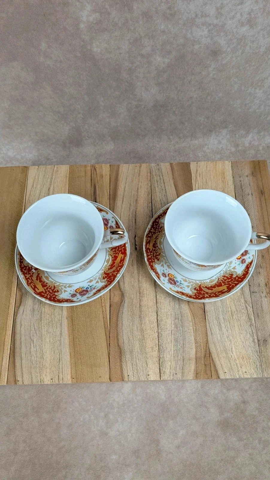 Lote de 2 tazas + platillos vintage decoración rojo y dorado estilo clásico – photo 3
